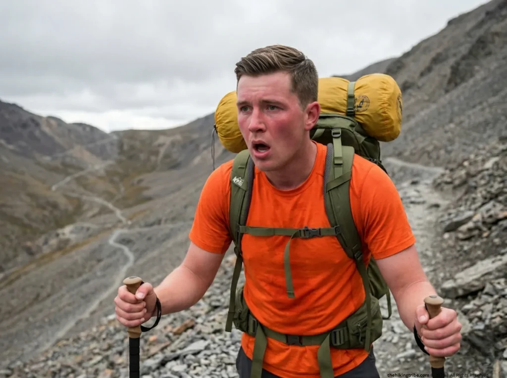 Exhausted backpacker breathing heavy on climb.