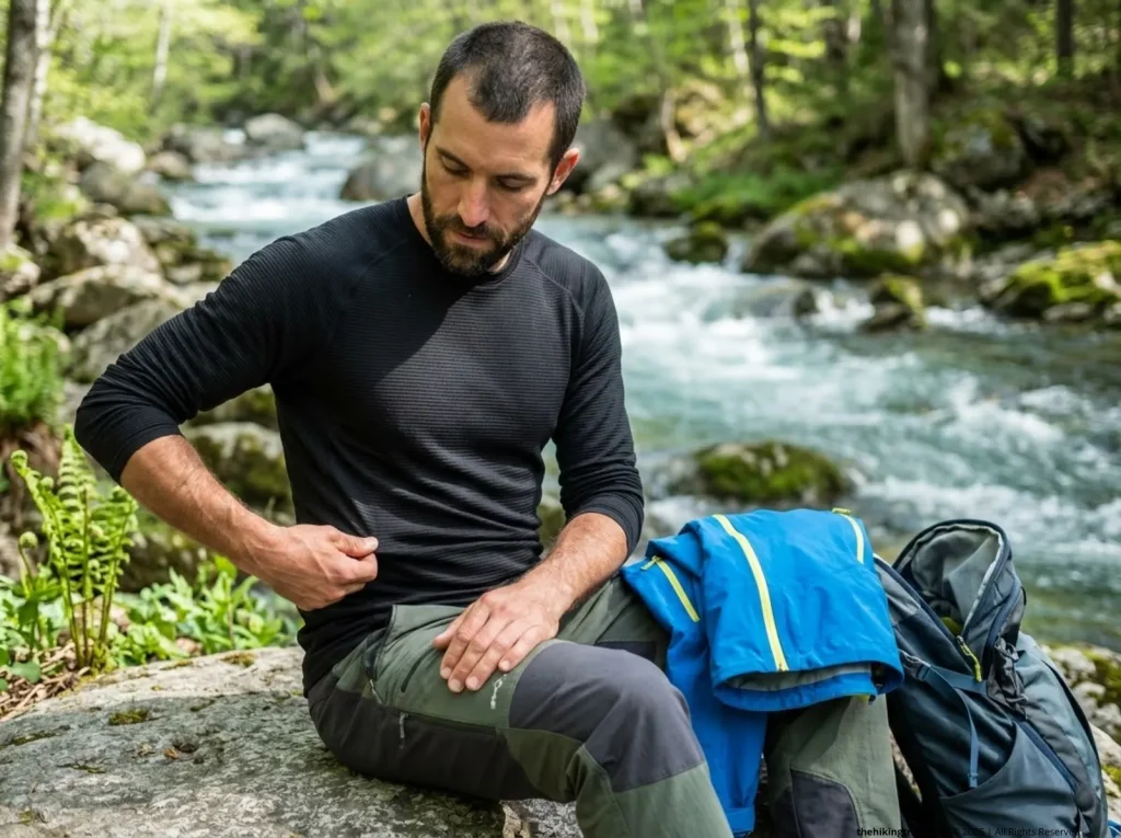 Hiker checking merino base layer moisture wicking performance on trail rest stop