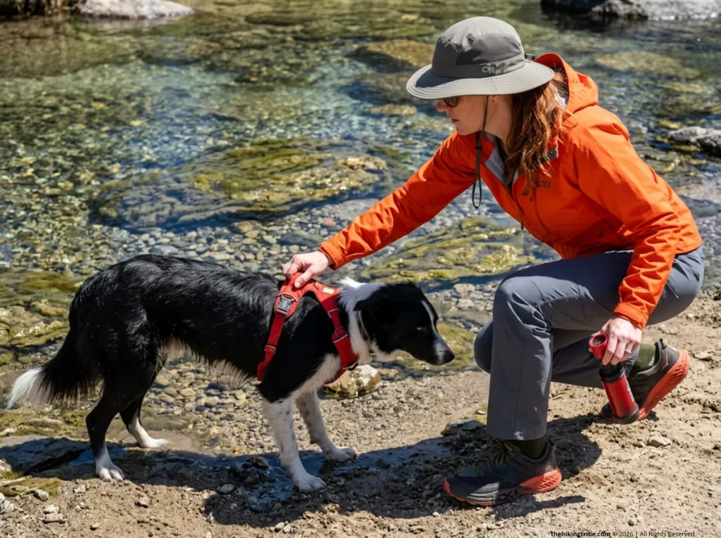 Hiker keeping dog from stream with benthic algae mats — cyanobacteria risk in clear backcountry water
