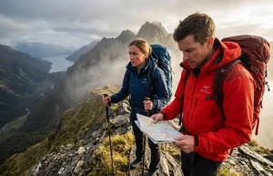 Best Hikes in New Zealand Visitors Miss Hikers analyzing a topographical map on a steep alpine ridgeline, tackling the best hikes in New Zealand for visitors.