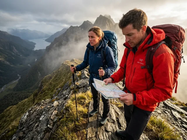 best-hikes-new-zealand-visitors-alpine-ridgeline Hikers analyzing a topographical map on a steep alpine ridgeline, tackling the best hikes in New Zealand for visitors.