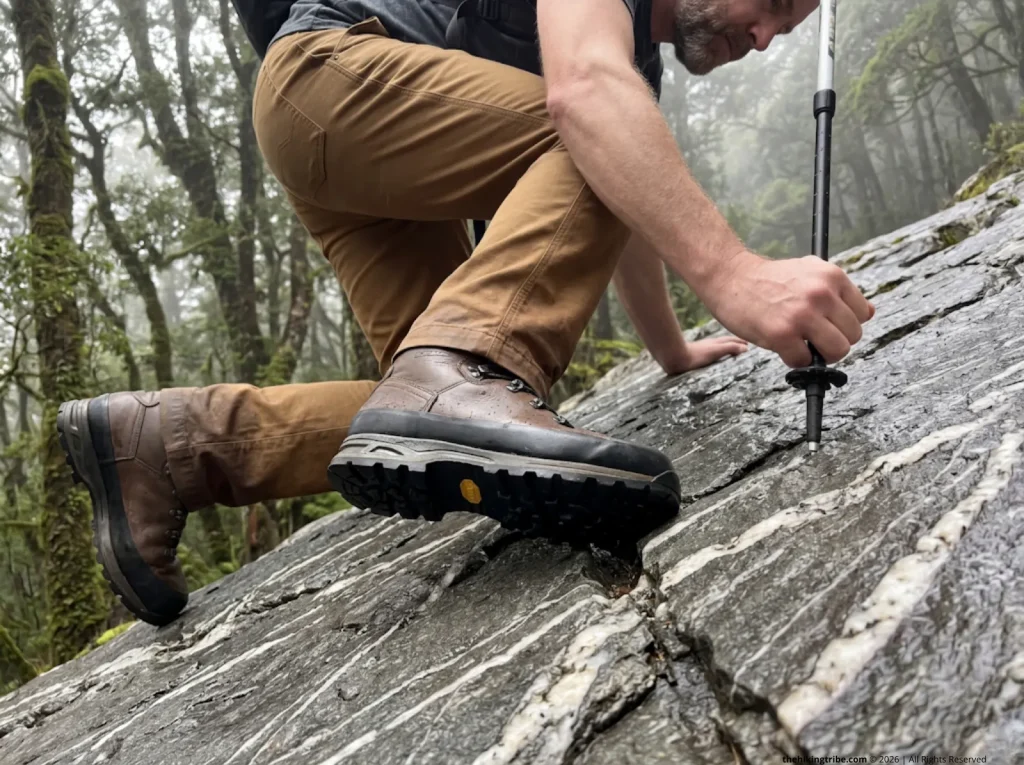 Hiker testing boot friction on wet graywacke rock, essential geology knowledge for the best hikes in New Zealand for visitors.
