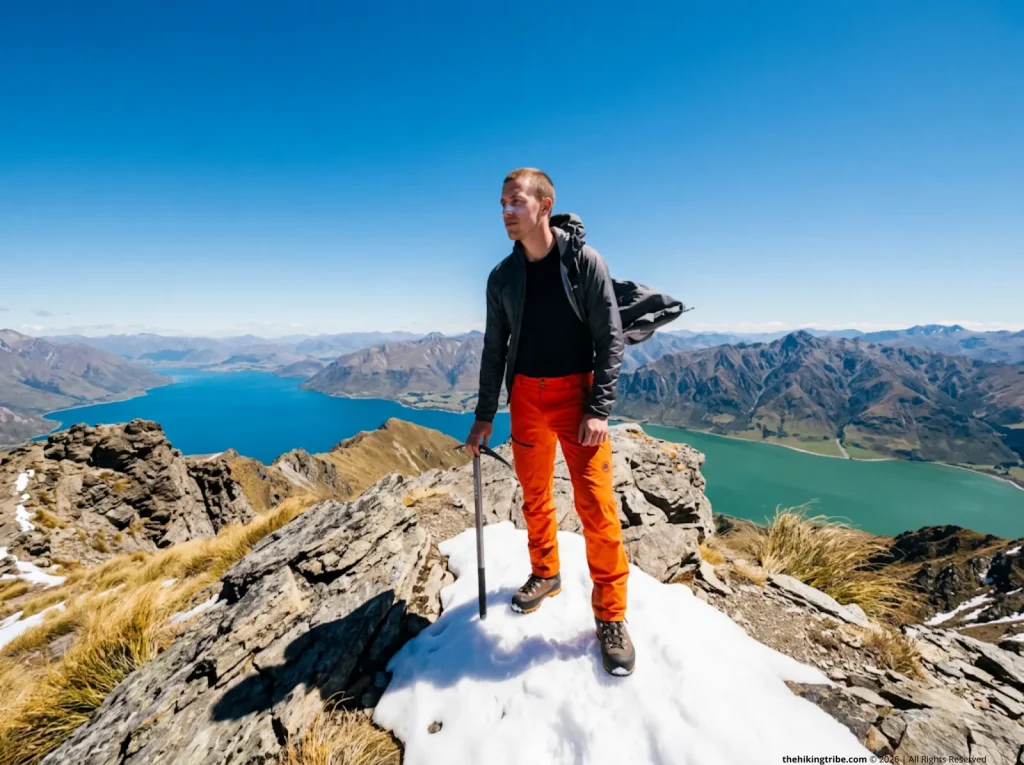Solo peak-bagger summiting a remote schist peak avoiding crowds on the best hikes in New Zealand for visitors.