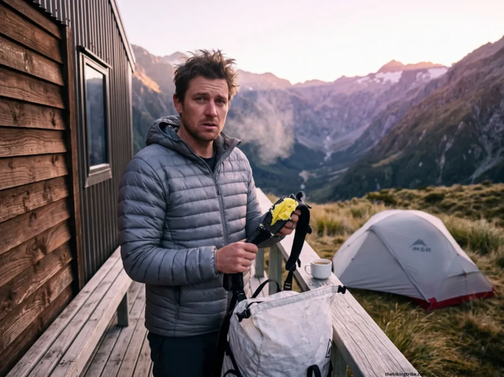 Hiker inspecting gear damaged by Kea parrots, a unique challenge on the best hikes in New Zealand for visitors.
