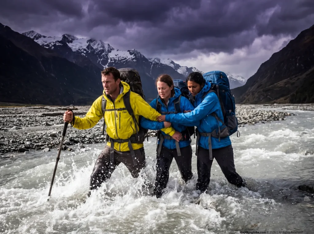 Hikers using the Mutual Support Method to cross a river on the best hikes in New Zealand for visitors.
