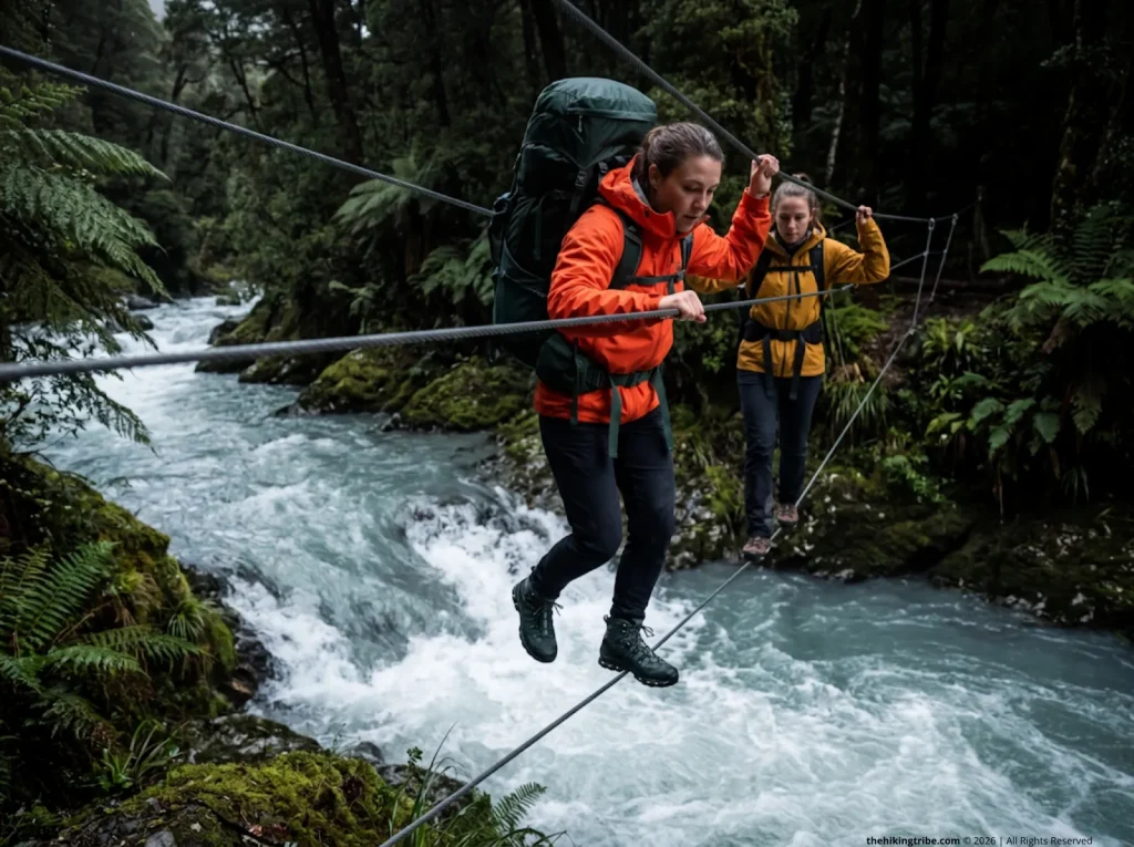 Trekkers navigating a dangerous three-wire bridge over a river on one of the best hikes in New Zealand for visitors.