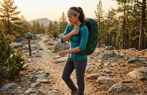 Best Hiking Gear Starter Kit 2026 (Before You Waste $800) Woman on mountain trail adjusting Osprey daypack — best hiking gear starter kit 2026