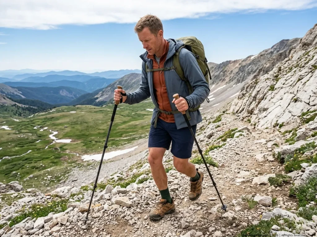 Hiker descending with Black Diamond trekking poles — best hiking gear starter kit picks 2026