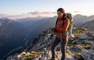 Physics of the Best Time of Day to Start a Hike by Season Female hiker checking watch on ridge, calculating best time of day to start a hike by season