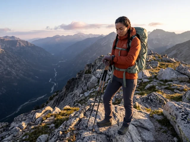 best-time-of-day-to-start-a-hike-by-season Female hiker checking watch on ridge, calculating best time of day to start a hike by season