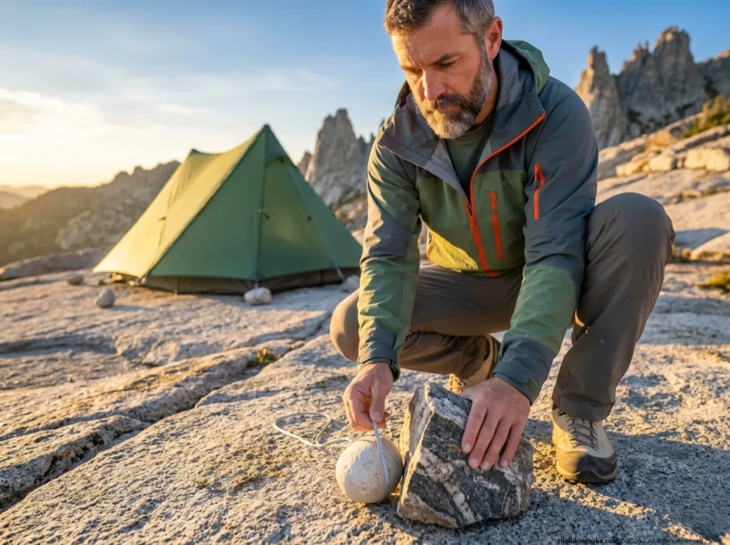 Experienced hiker using Big Rock Little Rock chalk stone method to anchor tent on granite slab  