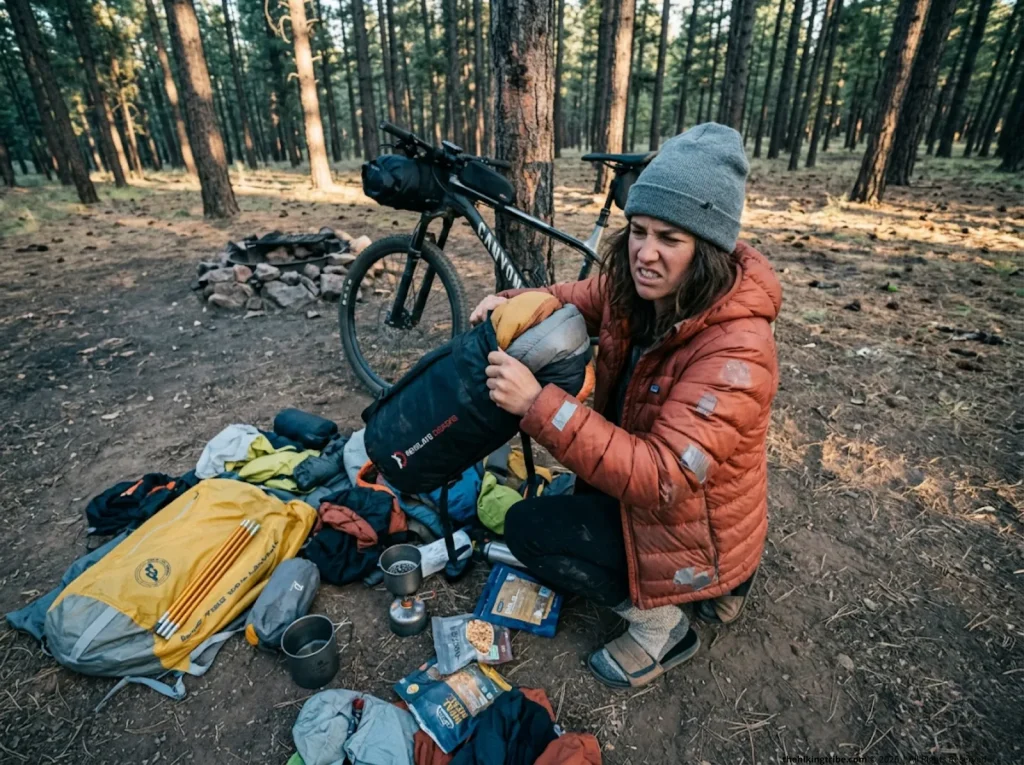 Bikepacker struggling to fit gear into small bags