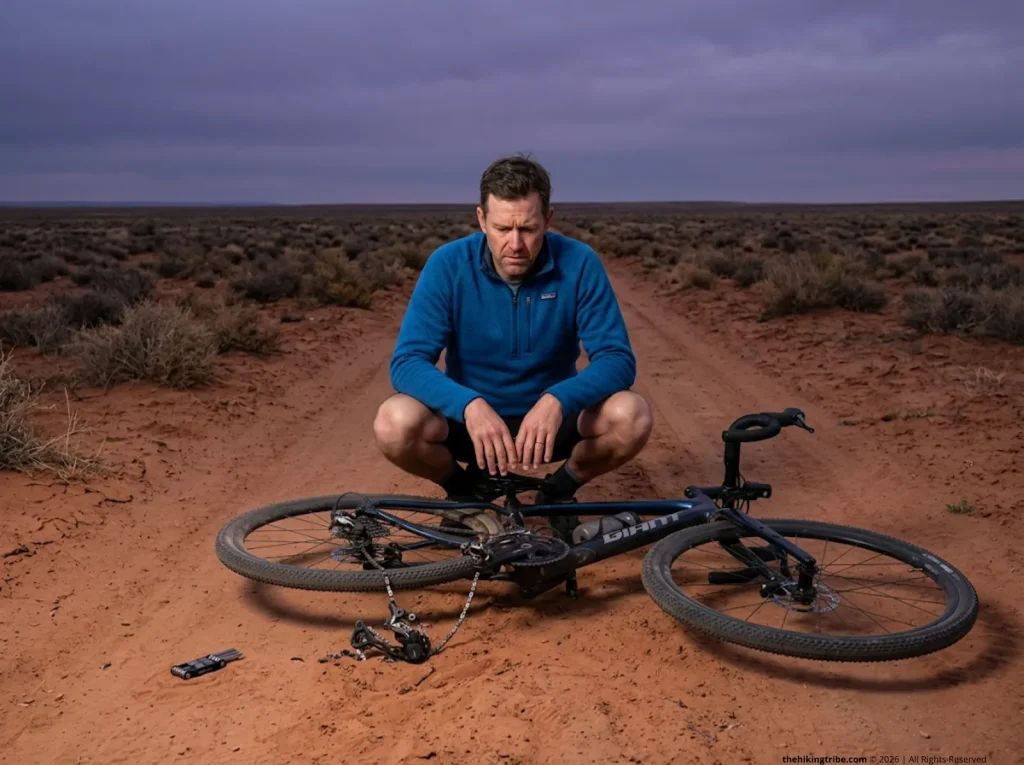 Stranded bikepacker inspecting broken derailleur.