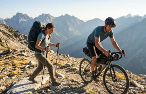 Bikepacking vs Backpacking Which Wrecks Your Body More What is bikepacking vs backpacking comparison: athletes cross paths on trail.