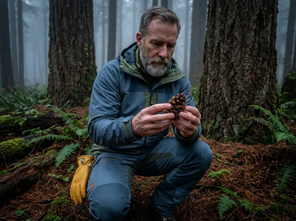 Hiker in Fjällräven gear examining a tightly closed pine cone on a damp forest floor