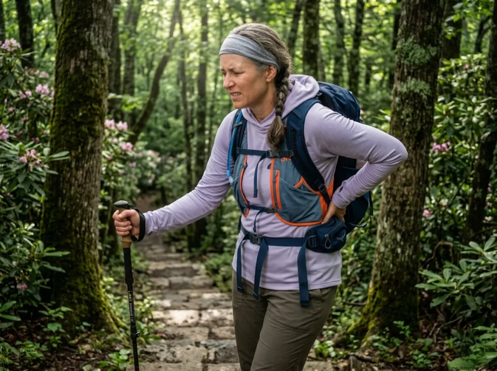 Exhausted hiker suffering knee pain caused by worn out hiking shoes on a steep trail.