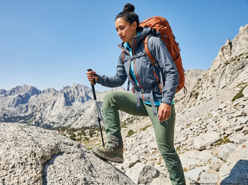 Female hiker carrying a heavy pack stepping up a steep granite boulder in Hoka Kaha boots.