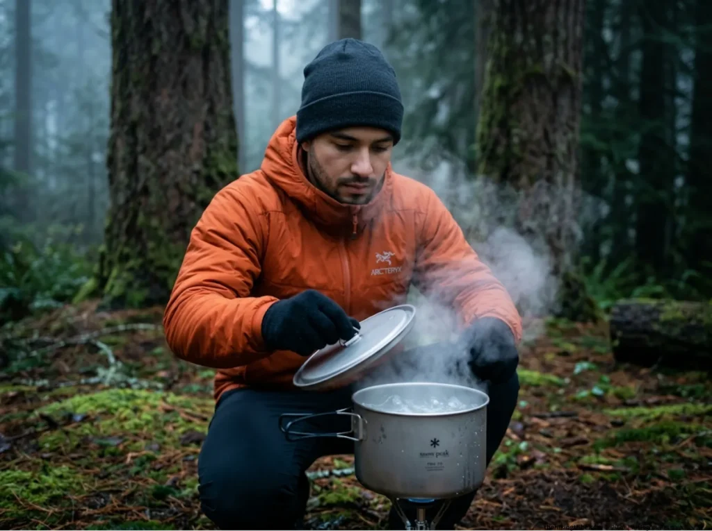Hiker boiling water in a titanium pot to sanitize camp cookware 