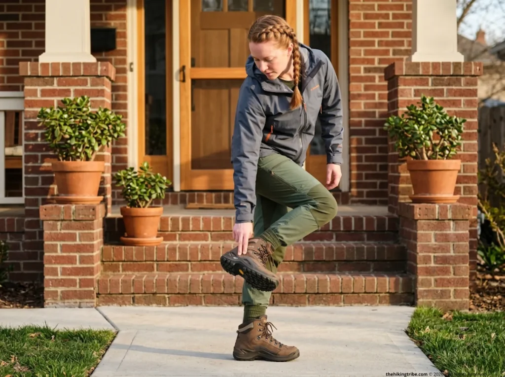 Woman inspecting Lowa Renegade GTX boot flexibility at home during early break-in phase