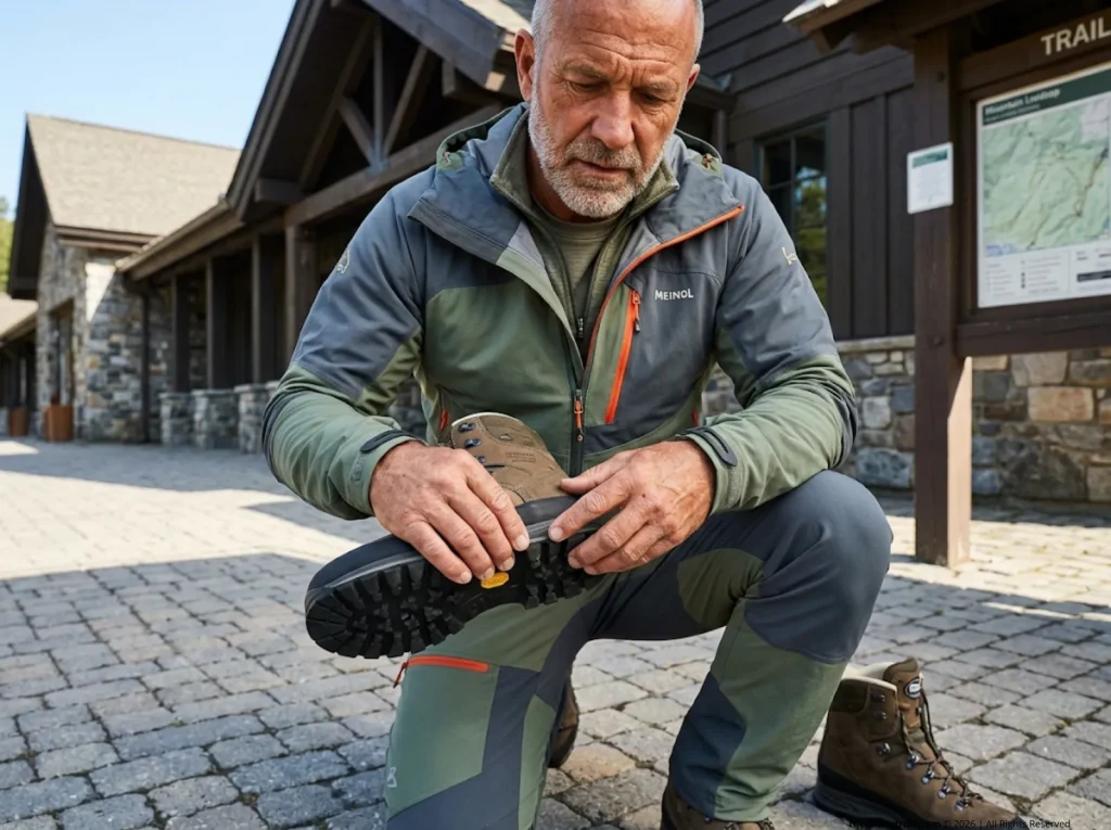 Experienced hiker examining delaminated Meindl boot sole — damage caused by improper break-in shortcuts and water soaking