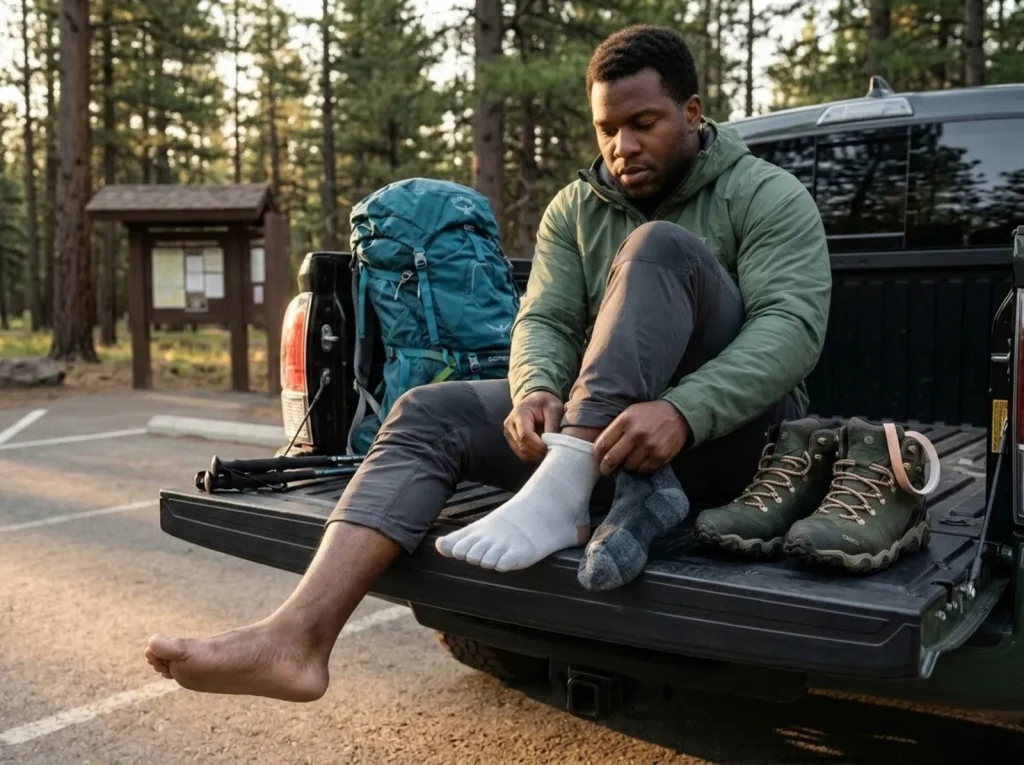 Hiker layering liner sock and wool hiking sock at trailhead to prevent blisters, proper sock system
