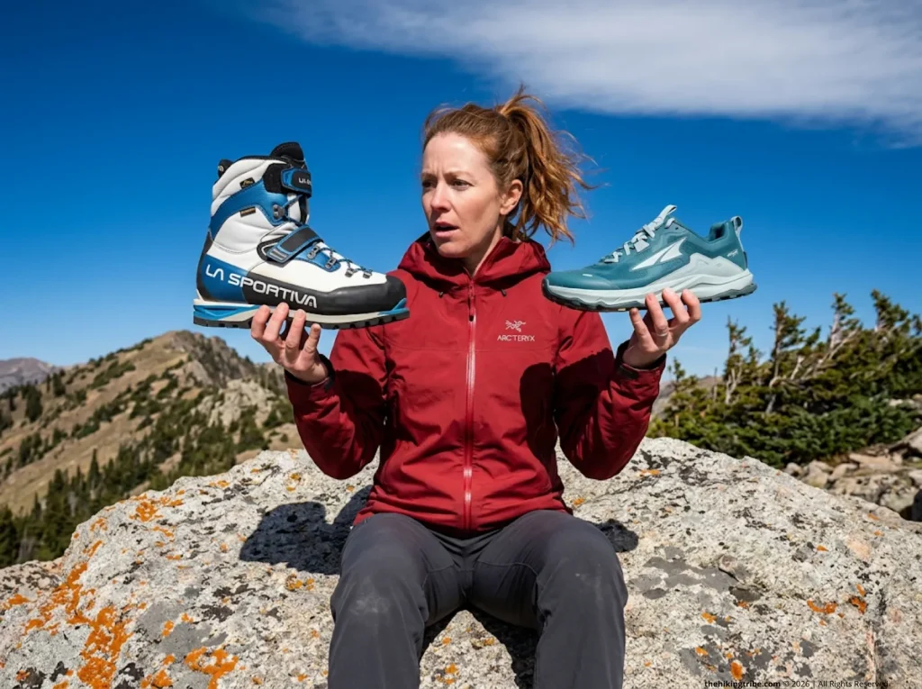 Hiker comparing La Sportiva double boot versus Altra trail runner volume at alpine elevation 