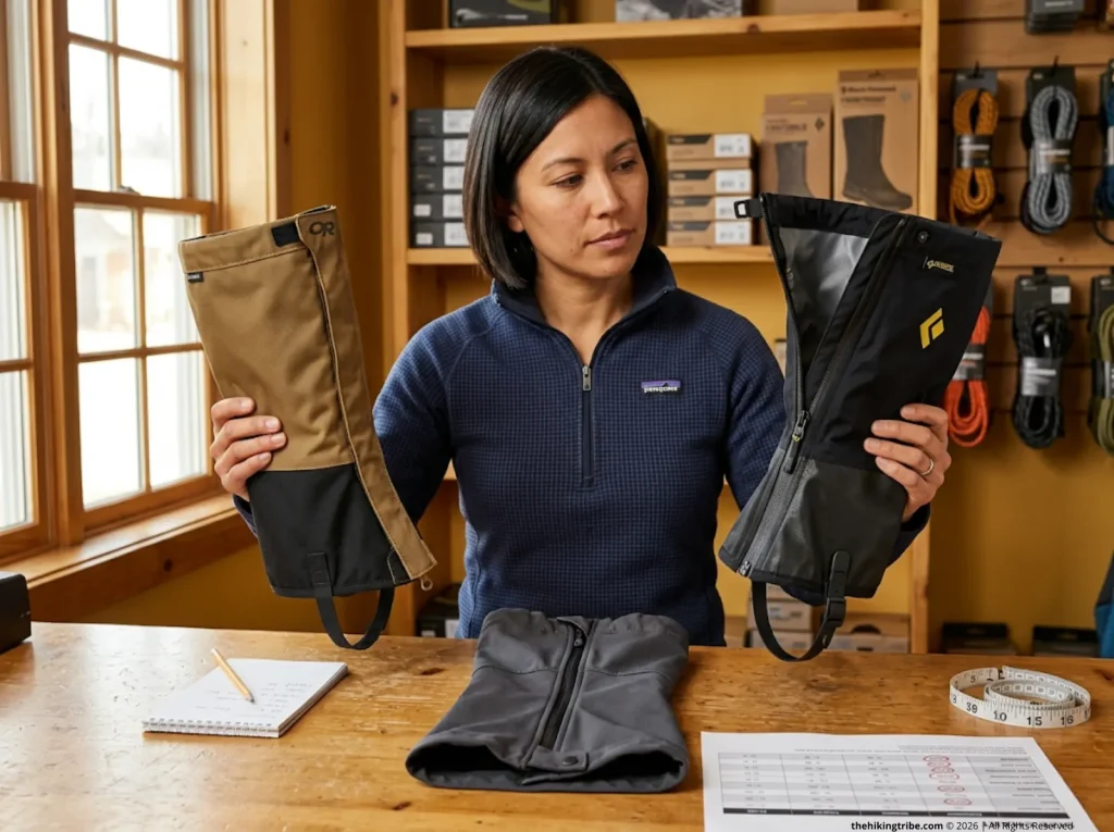 Gear specialist comparing Black Diamond and Outdoor Research gaiter sizing and construction at outdoor shop counter