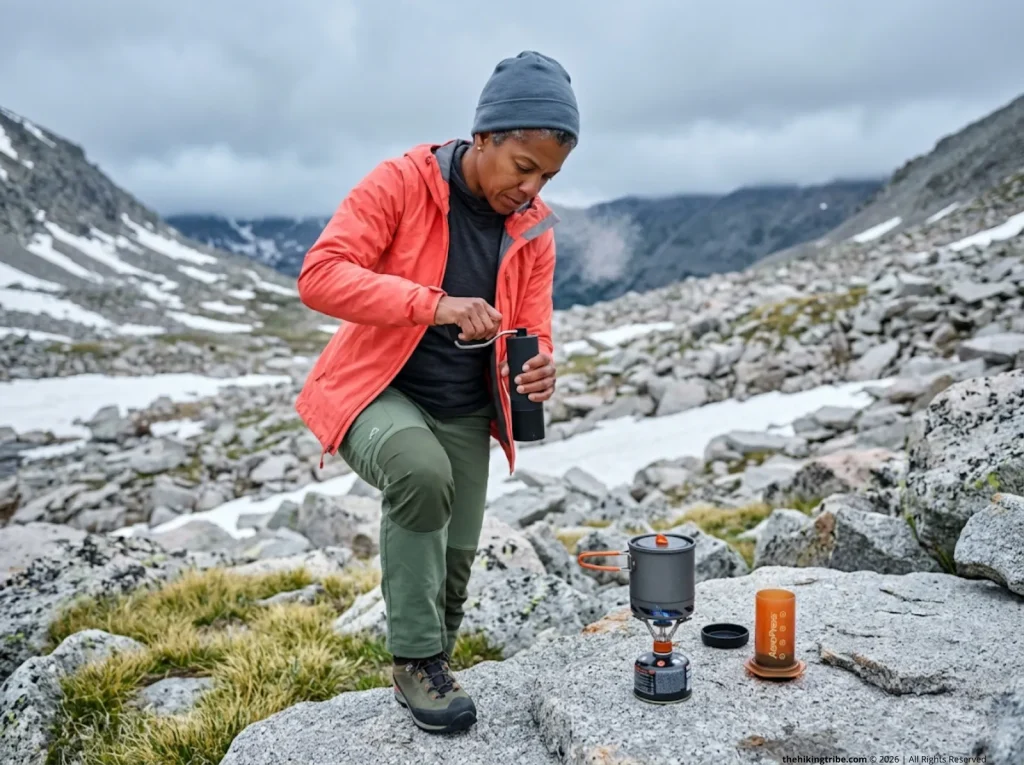 Female hiker adjusting Timemore C2 grinder for altitude brewing on alpine talus at 11,500 ft