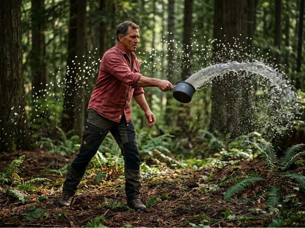 Trekker broadcasting gray water away from camp into soil