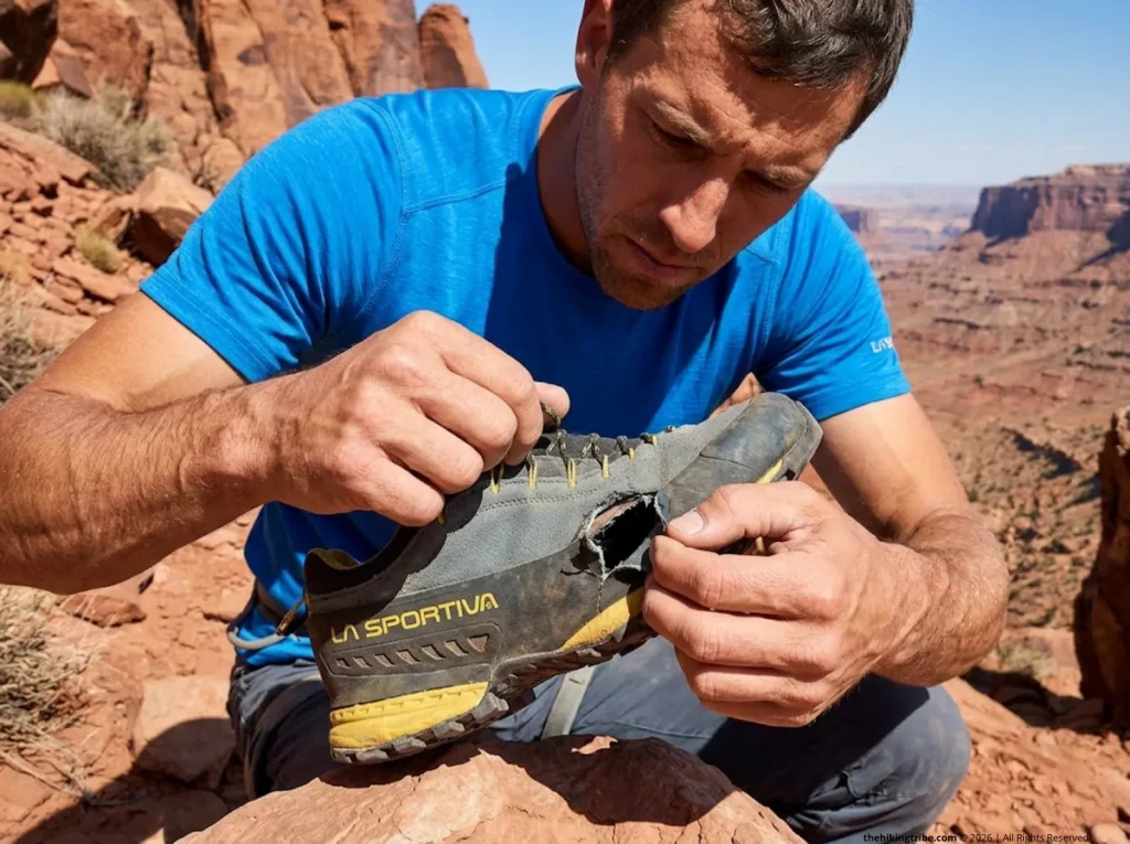 Scrambler inspecting a blown-out Gore-Tex membrane and torn upper on approach shoes.