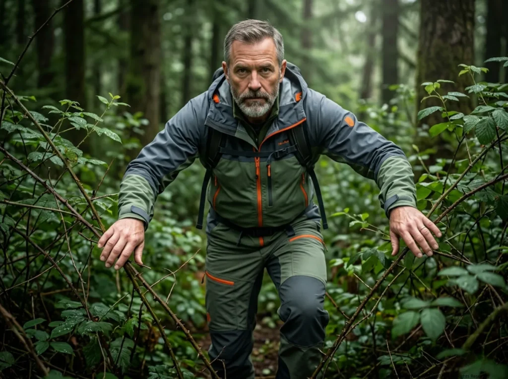 Backcountry guide bushwhacking through thorns in heavy-duty Fjällräven pants
