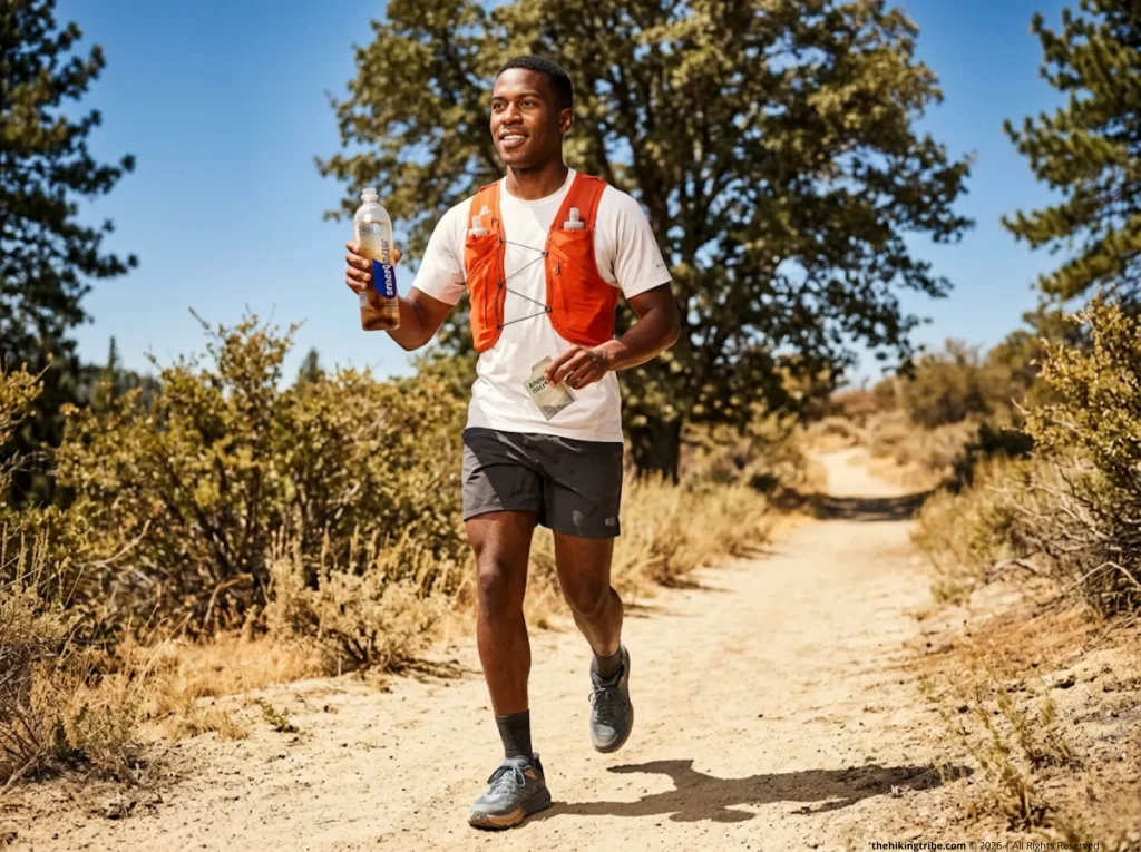 Hiker shaking Alpine Start instant coffee in SmartWater bottle on PCT trail mid-stride