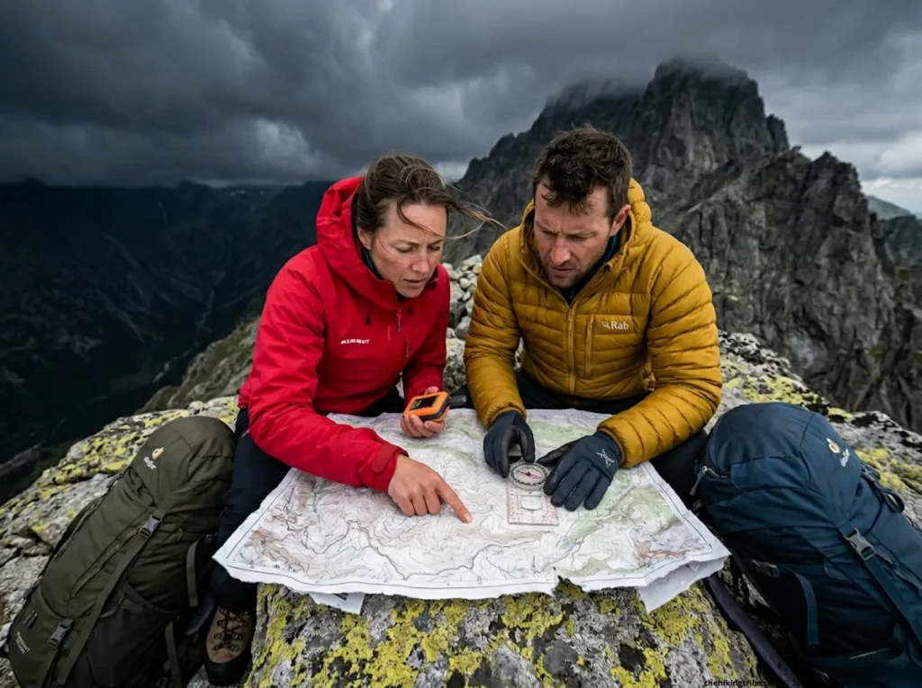 Two hikers on a windy ridge calculating their safety margin score and turnaround time using a map and compass.