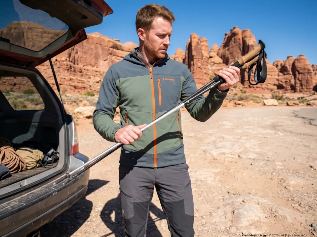 Hiker comparing Black Diamond carbon and MSR aluminum trekking poles at desert trailhead 