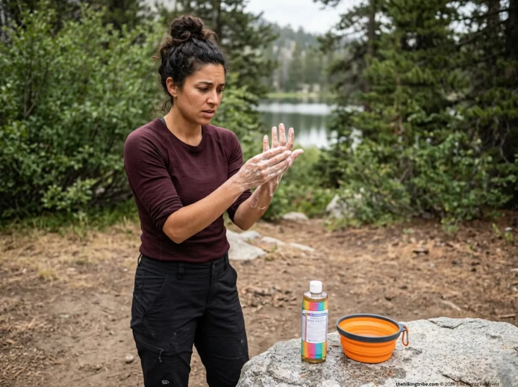 Backpacker washing hands with castile soap far from a lake, with skin appearing dry and stripped.
