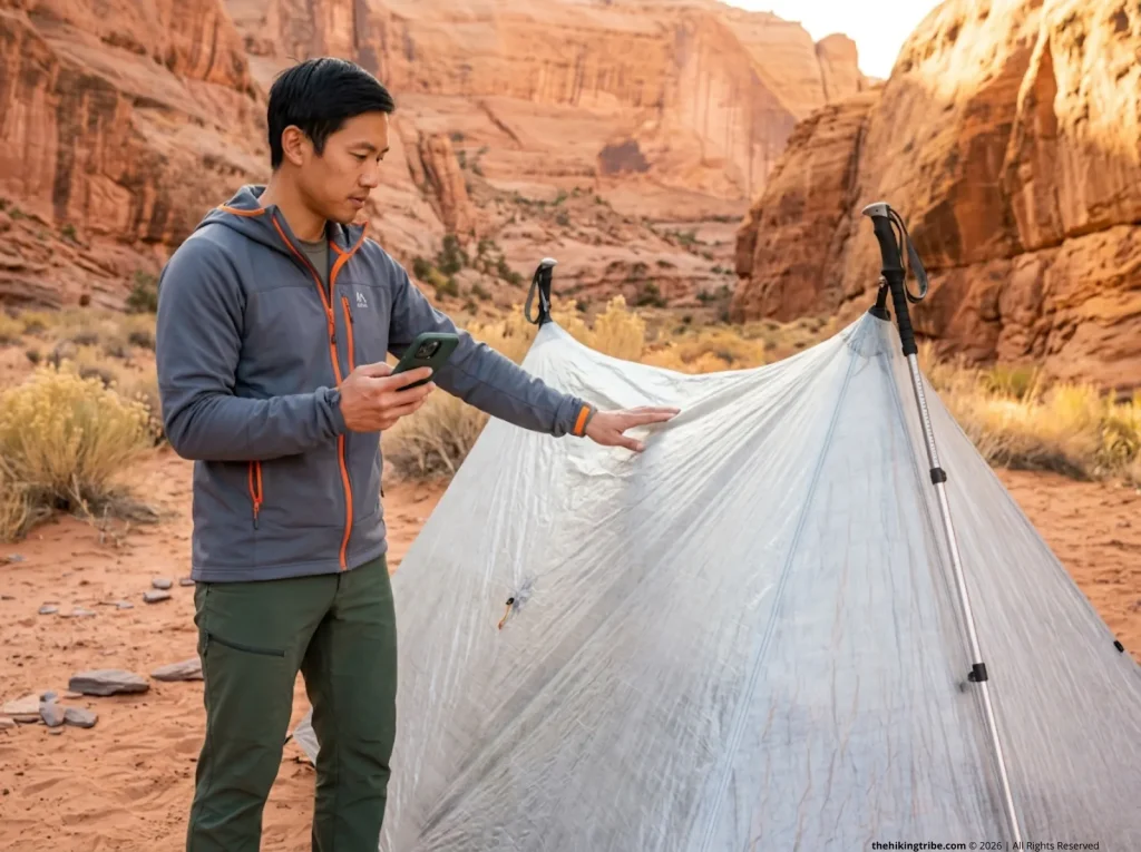 Hiker evaluating Zpacks Duplex tent compatibility with Gossamer Gear poles in desert canyon 