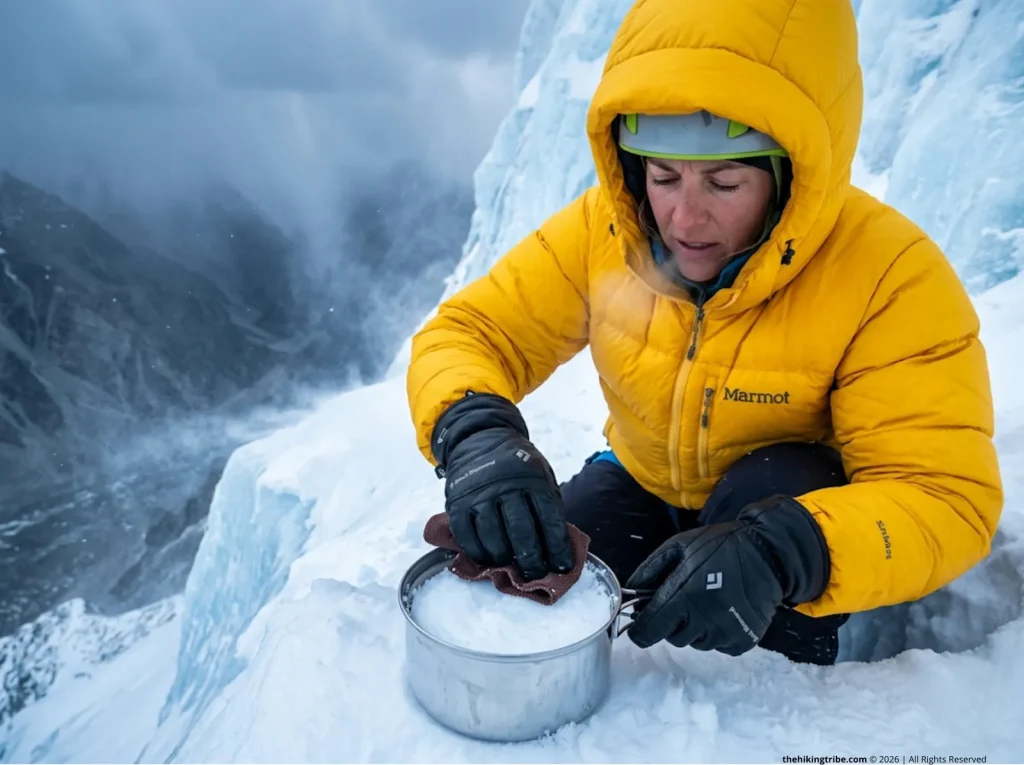 Mountaineer cleaning frozen pot using snow and tea bag