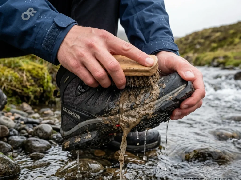 Close up of hiker aggressively scrubbing mud off Salomon hiking boots with a brush and water