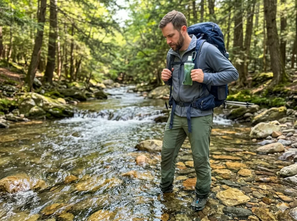 Thru-hiker pausing at clear forest stream — clear water bias and invisible contamination risk