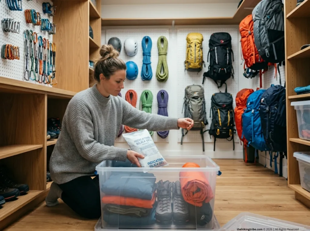 Outdoor enthusiast placing silica gel packets in a gear storage tote