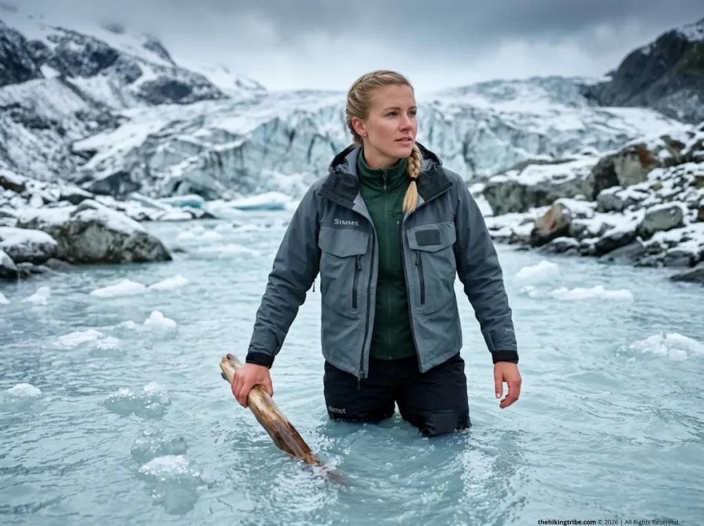 Hiker experiencing cold shock making a wilderness river crossing in frigid snowmelt