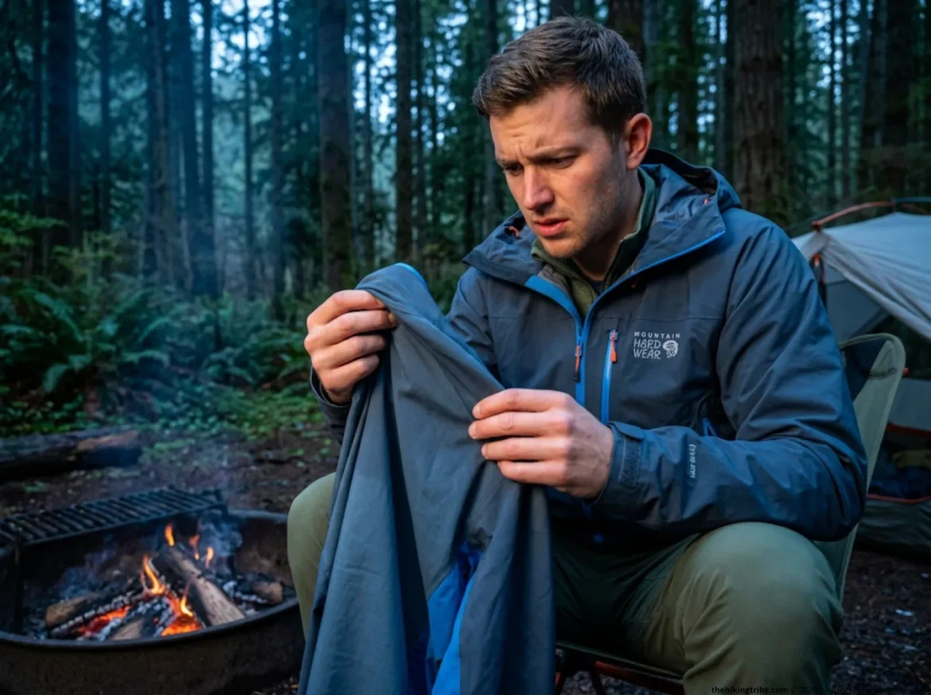 Frustrated camper looking at a Mountain Hardwear jacket ruined by campfire ash wetting out