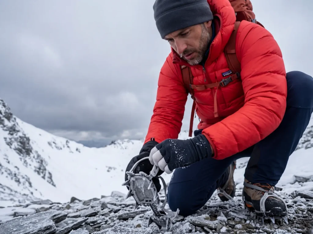 Hiker touching frozen crampon showing conductive heat loss physics