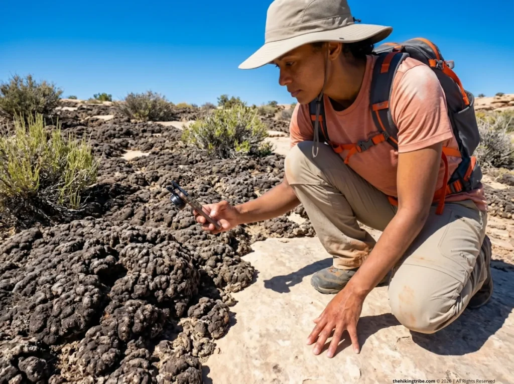 Female hiker crouching on rock slab to photograph cryptobiotic biocrust in Canyonlands without stepping on it 