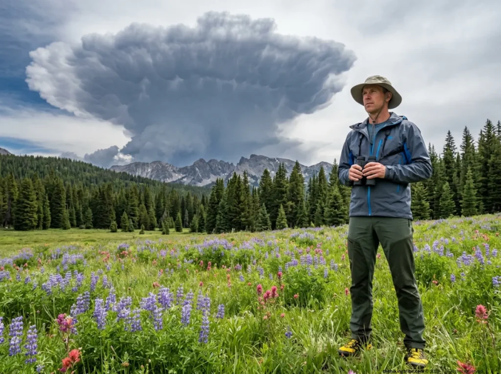 Hiker in Outdoor Research hat studying a towering cumulonimbus anvil storm cloud forming over peaks