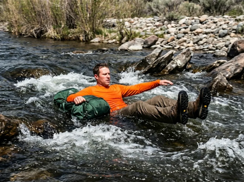 Hiker floating on his back demonstrating the defensive swimming position after a river fall
