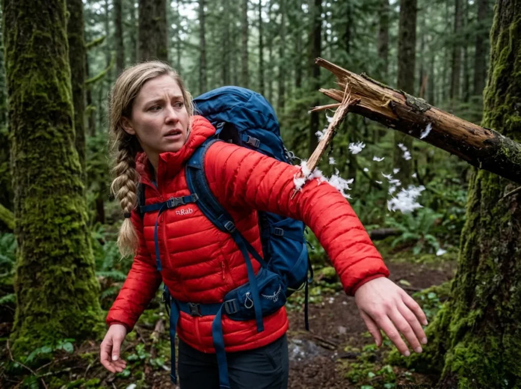 A hiker's red Rab down jacket snagging on a tree branch, causing white feathers to leak out.