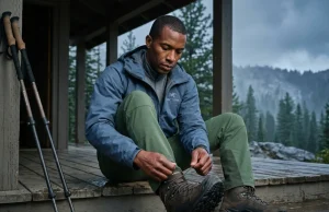 Dry Hiking Boots Overnight the Field-Tested Way Hiker removing lace from soaked Lowa hiking boot on mountain hut porch after a wet trail day