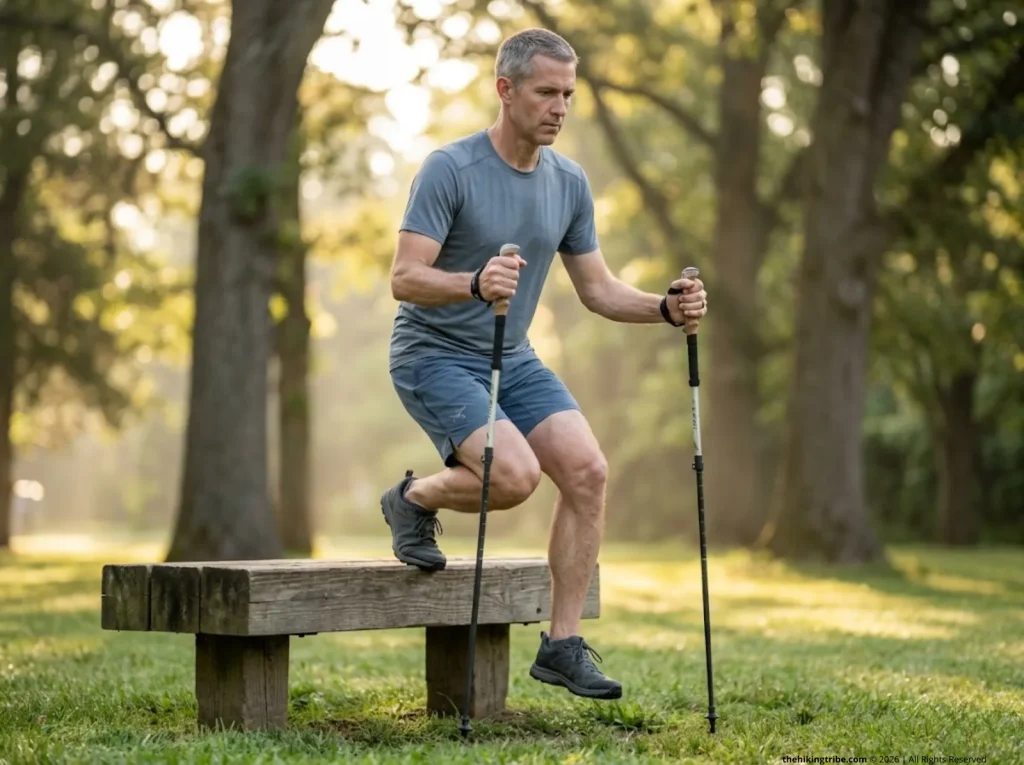 Male hiker performing downhill eccentric step-down exercise with trekking poles