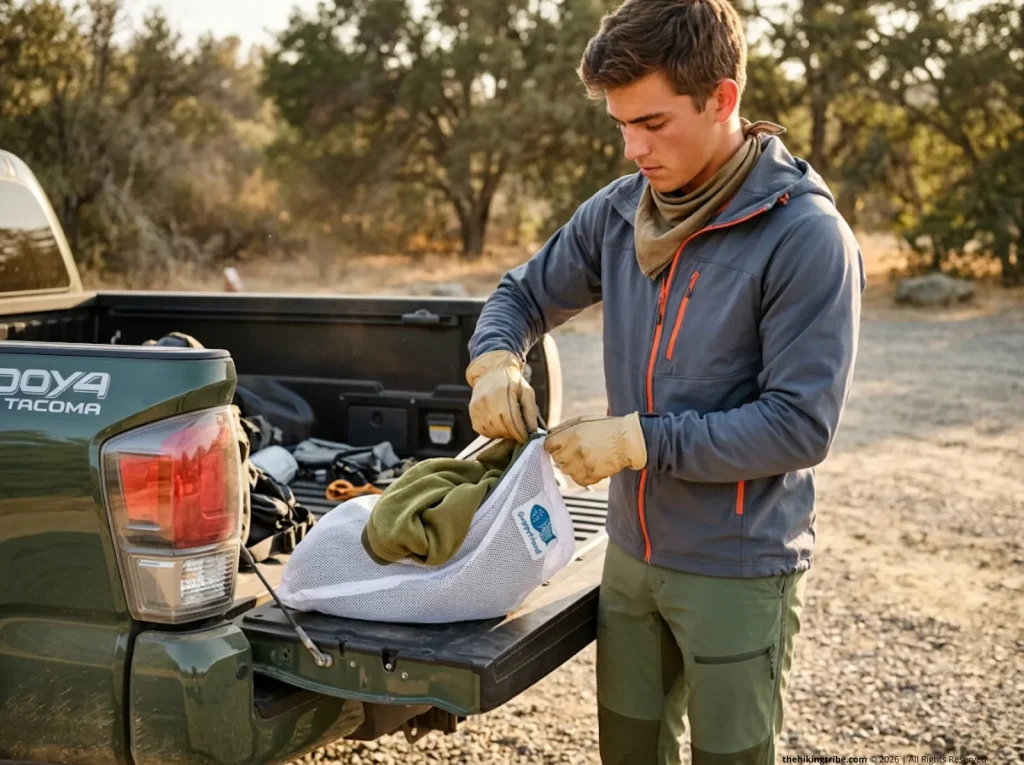 Conservationist securing a soiled fleece in a Guppyfriend washing bag